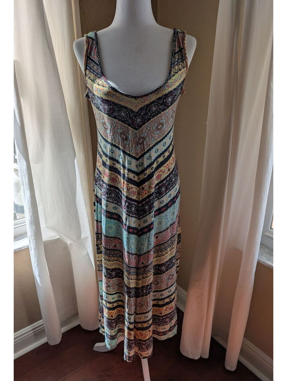 Sleeveless Bohemian-style Patchwork Chevron Maxi Dress